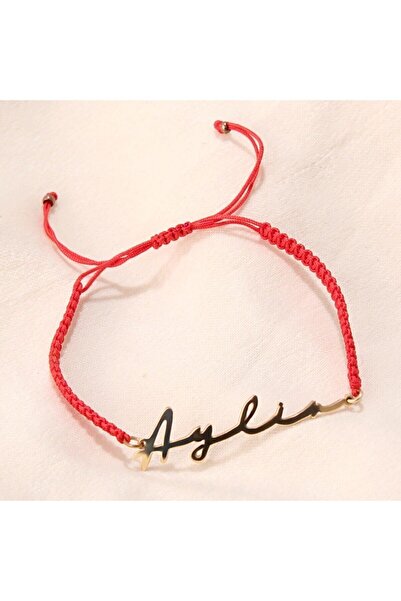 Agai Silver El Yazısı Isimli Altın Kaplama Gümüş Kırmızı Makrome Ip Bileklik