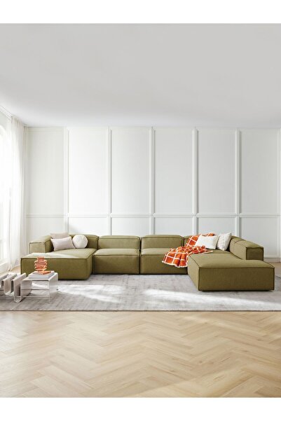 S Home Design Concept Frida 5 Modül Pofidik Modüler Kanepe Xl Köşe Koltuk Takımı Sağ Köşe, Keten Yağ Yeşili