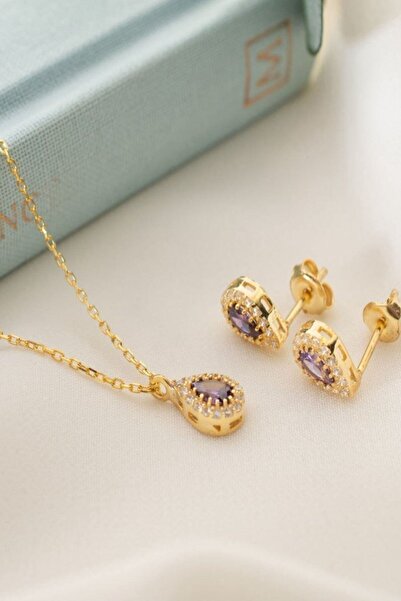 Silvano Jewelry 925 Ayar Gümüş Şubat Ayı Doğum Taşı ( Ametist ) Kolye - Küpe ...