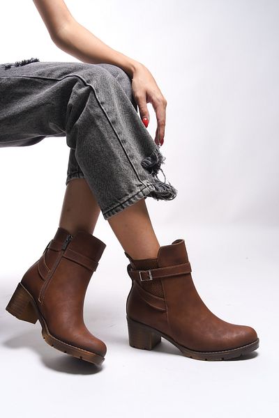 Riccon Lilixipha Matte Tan Women's Heeled Boots - Buckle Detailed, Elastic 0012730