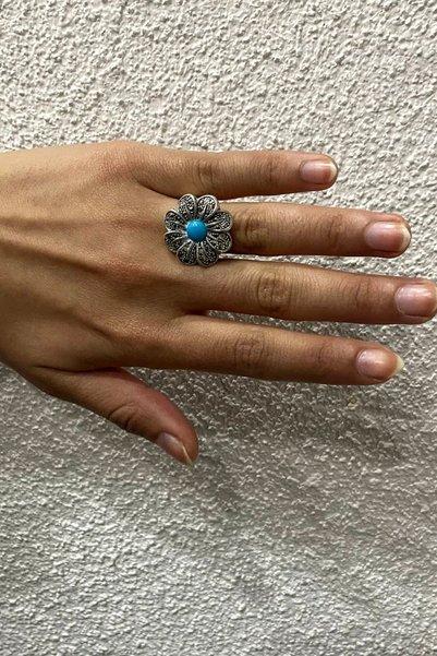 Agai Silver Papatya Model Firuze (Turkuaz) ve Markazit Taşlı Gümüş Kadın Yüzük