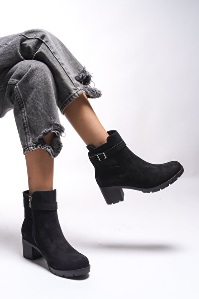 Riccon Lilixipha Kadın Toka Detaylı Lastikli Topuklu Bot 0012730 Siyah Süet