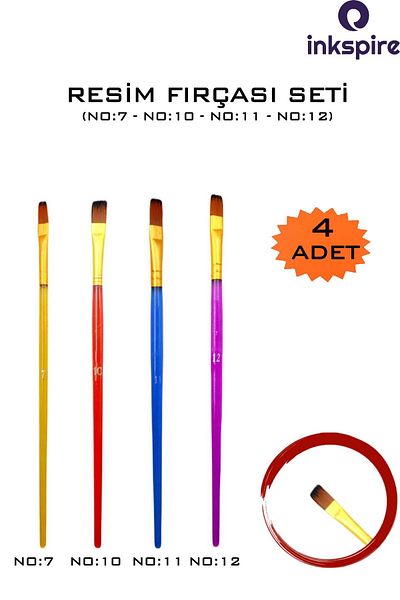 inkspire 4 buc. pensule sintetice economice colorate pentru guașă - pentru pictura acrilică NR:(7,10,11,12)