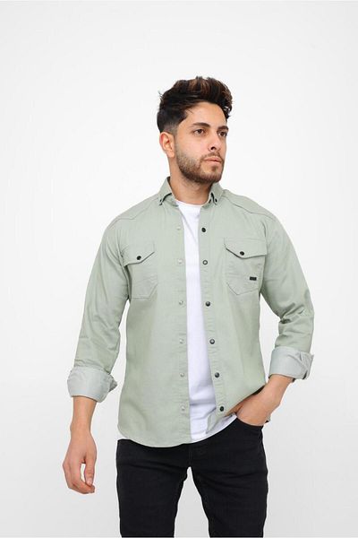 Esra Butik Hane Ανδρικό τζιν πουκάμισο Green Slim Fit – Κομψό με διπλό κάλυμμα τσέπης και κουμπιά