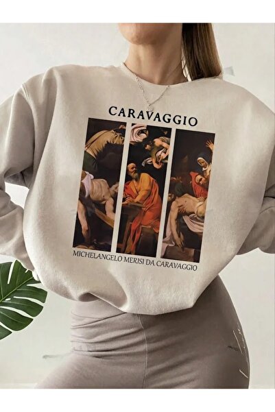 over head oh Hanorac oversize de damă de culoare bej - imprimat Caravaggio, d...