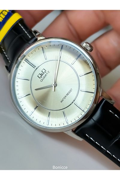 Q&Q Black Waterproof Leather Men's Wristwatch - Rosary Bracelet