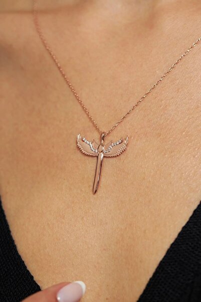 Agai Silver Mikailin Kılıcı Model Rose Kaplama Zirkon Taşlı Gümüş Kolye