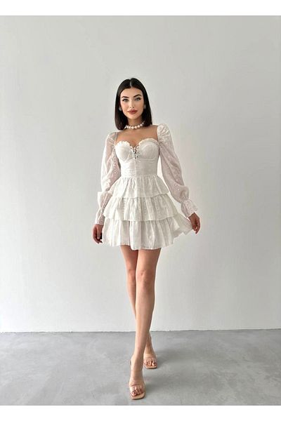 Afiş Butik Mini Dress with White Guipure Lace Up Floor Skirt