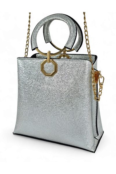 Evident Silver Color Ring Handled Chain Hand and Shoulder Women's Bag