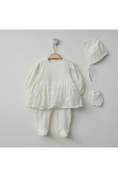 Minimus Newborn Baby Girl Mevlüt Set Cotton Special Day Outfit Baby Birth Gift Hospital Exit Ecru