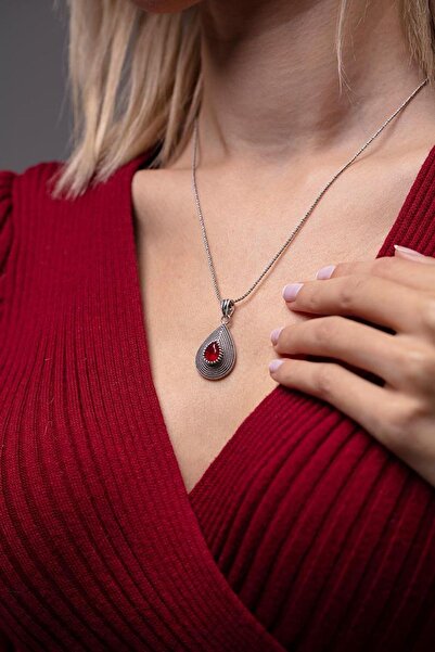 Agai Silver Damla Model Yakut Taşlı Hasır Telkari El İşçiliği Gümüş Kolye