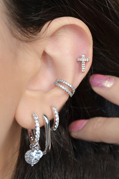 Mu Minamu Zirkon Taşlı Haç Piercing Tragus Helix Gümüş Rengi