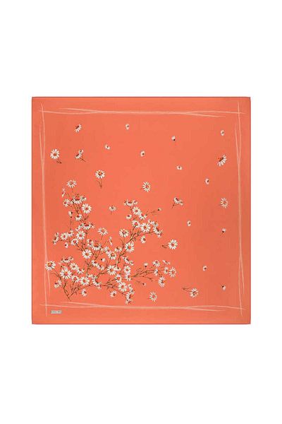 Bursa İpek Daisy Patterned Coral Silk Twill Scarf