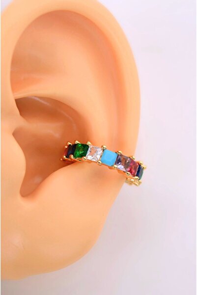 Mu Minamu Zirkon Taşlı Earcuff Taşlı Halka Sıkıştırmalı Kıkırdak Küpesi