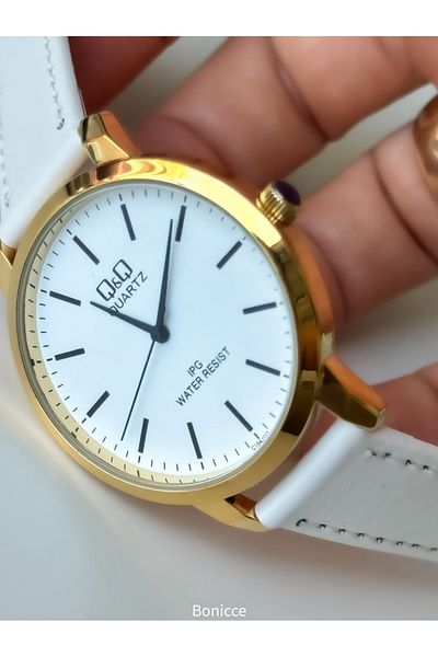 Q&Q Men's White Leather Band Wrist Watch - Rosary Bracelet