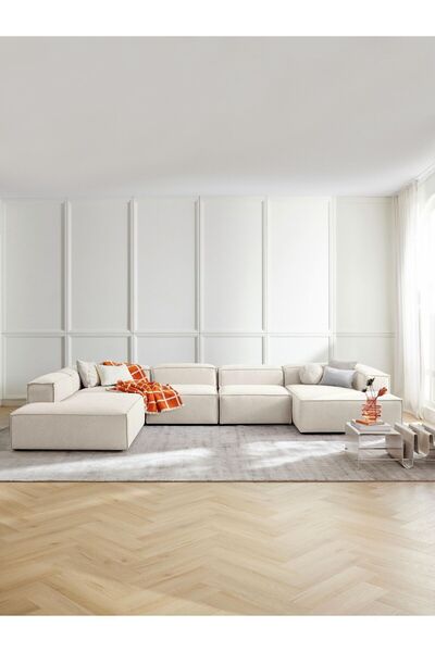 S Home Design Concept Frida 5 Modül Pofidik Modüler Kanepe Xl Köşe Koltuk Takımı Sol Köşe, Keten Kırık Beyaz
