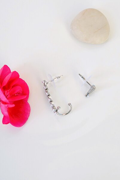 Mu Minamu Zirkon Taşlı İncili Sıkıştırmalı Kıkırdak Küpesi İkili Takım Earcuff ve Küpe
