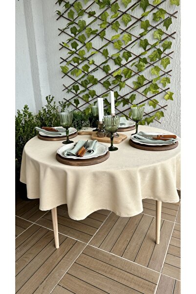 Decamor home Velvet Textured Beige Round Tablecloth Hassle-Free (Napkin Not Included)