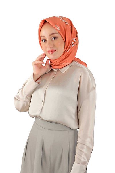 Bursa İpek Daisy Patterned Coral Silk Twill Scarf