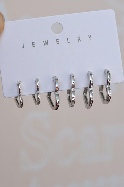 Mu Minamu Heart Model Thin Flat Ring Heart Earring Set 6 Pieces Silver Color
