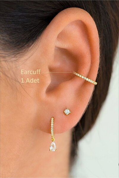 Mu Minamu İnce Taşlı Earcuff Sıkıştırma Kıkırdak Küpesi