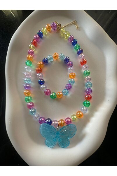 Karlay Mavi Rengarenk Boncuklu Çocuk Kolye Bileklik Kelebekli Takım