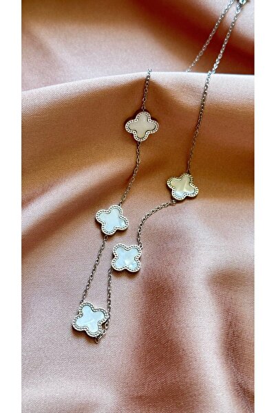 kai collection Gümüş Renk Zincirli Sıralı Beyaz Sedefli Yonca Model Çelik Kolye