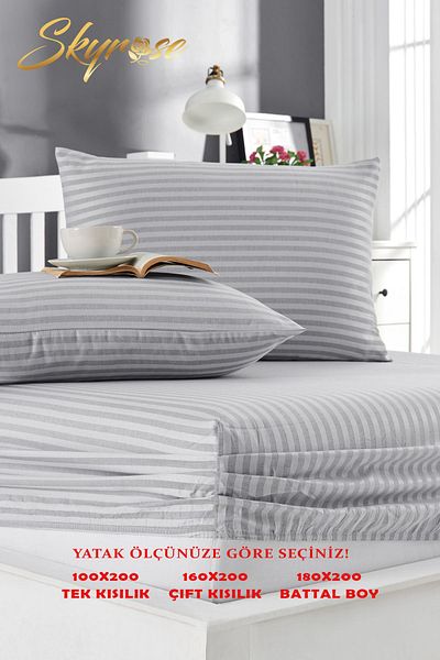 Skyrose Striped Satin Fitted Sheet Set, Hotel and Home Textile, with 3 different Size Options, Dowry Box, Eco