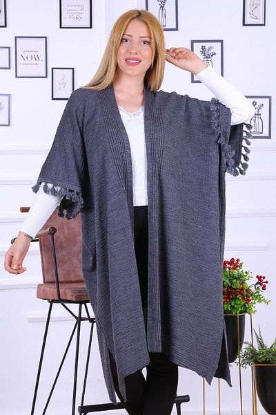 CNR TEKSTİL Women's Gray Colored Sleeves Tassel Detailed Poncho