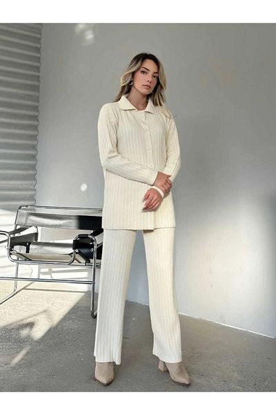 Lusin Ecru Women's Knitwear Set - Buttoned Front Cardigan and Trousers Set