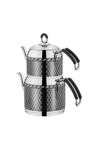 SILA Gri Sedef Dekorlu Gri Demlik Çaydanlık Takımı 3,5 Litre Paslanmaz Çelik