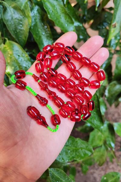 Vip Kehribar 9x11 Mm Transparent Red Perforated Rosary - Ergin Baran Necef