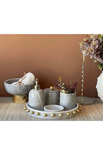 SARITAŞ GRİ MERMER TOP DETAYLI 7 Lİ BANYO SETİ/MERMER BANYO TAKIMI GRİ7TOPLU