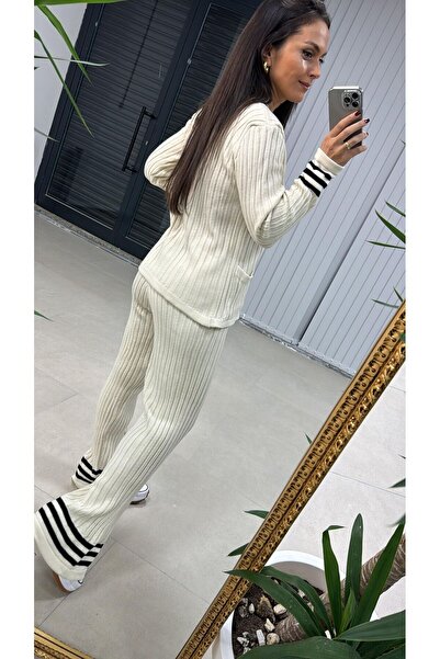 Lusin Gold Button Detailed Ecru Women's Knitwear Set - Cardigan and Trousers Set