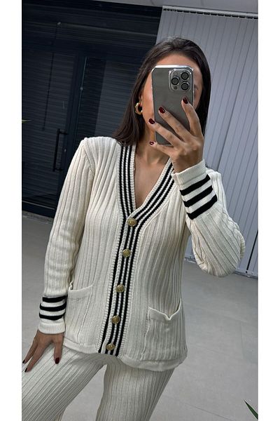 Lusin Gold Button Detailed Ecru Women's Knitwear Set - Cardigan and Trousers Set