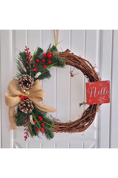 rosfloa rf Hello New Year Kokina, Pine Branch, Πρωτοχρονιάτικο Στολίδι Πόρτας με λεπτομέρεια κώνου Δώρο γιρλάντα (33 CM)