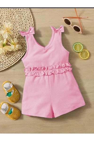 bebekpare Baby Girl Jumpsuit New Sleeve Shoulder Ribbon Jumpsuit 100% Cotton