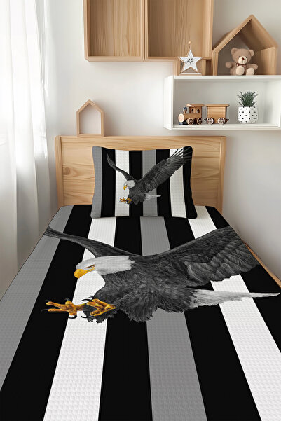 Talia Home طقم بيكيه فردي للأطفال - أبيض وأسود، نمط النسر الأسود TLAP-162