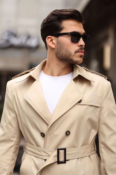 MEECY Бежева чоловіча водо- та вітрозахисна куртка Trenckot на поясі