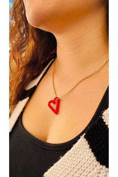 elamindunyasi Miyuki Knitted Valentine's Day Red Heart Necklace and Earrings Set