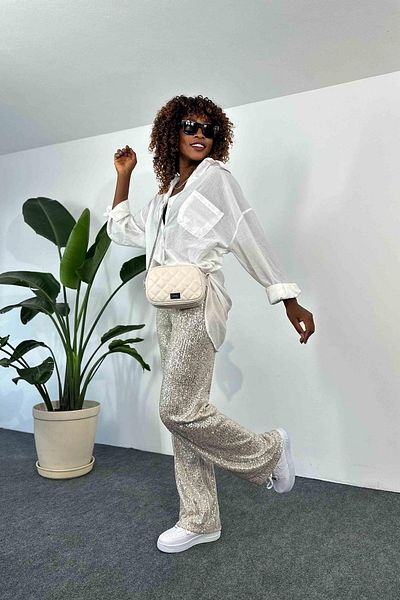BEBE PLUS Beige Colored Loose Cut Design - Elastic Waist and Sequin Sequined Trousers
