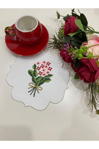 İNCİ ÇEYİZ 6 Pieces Canvas Flower Bouquet Patterned Embroidered Coffee Side Cocktail Napkin & Coaster