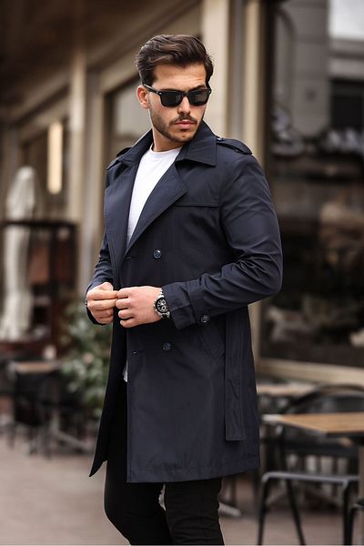 MEECY Marineblauer Trenchcoat für Herren – mit Gürtel, wasser- und winddicht