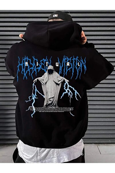 NOFLEN سويت شيرت بغطاء للرأس من القطن كبير الحجم ومطبوع من Ritual للجنسين