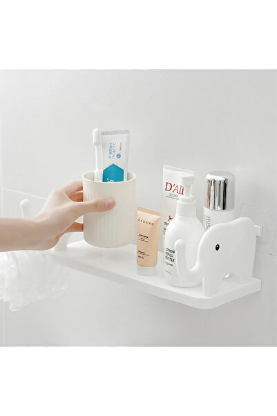 Entude Sevimli Beyaz Fil Desenli Kendinden Yapışkanlı Uçan Banyo Rafı