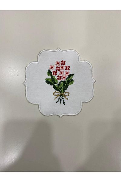İNCİ ÇEYİZ 6 Pieces Canvas Flower Bouquet Patterned Embroidered Coffee Side Cocktail Napkin & Coaster