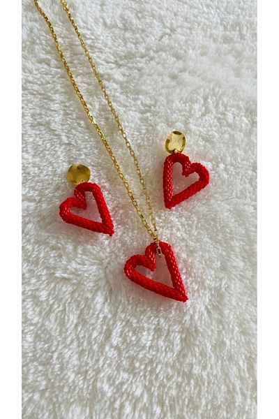elamindunyasi Miyuki Knitted Valentine's Day Red Heart Necklace and Earrings Set