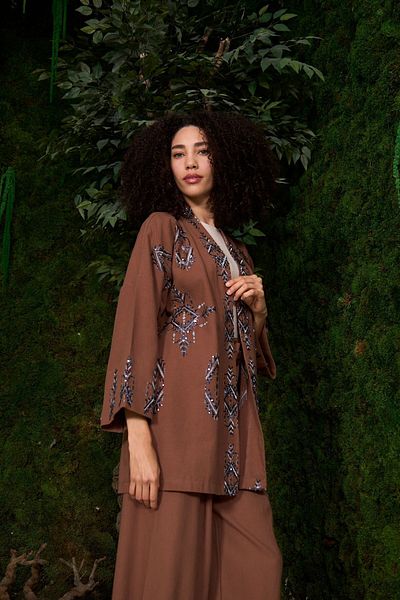 MİA NOURA Embroidery Detailed Kimono - Ovursize Fit, Sequin pallet and Trousers Included