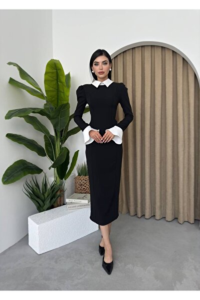 Julidress Černobílá košile s širokým detailem manžety v midi délce Premium Slim Fit šaty