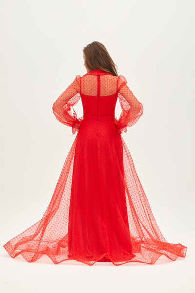 ALİS DRESS Uzun Kollu Yakalı Simli Nar Çiçeği Abiye